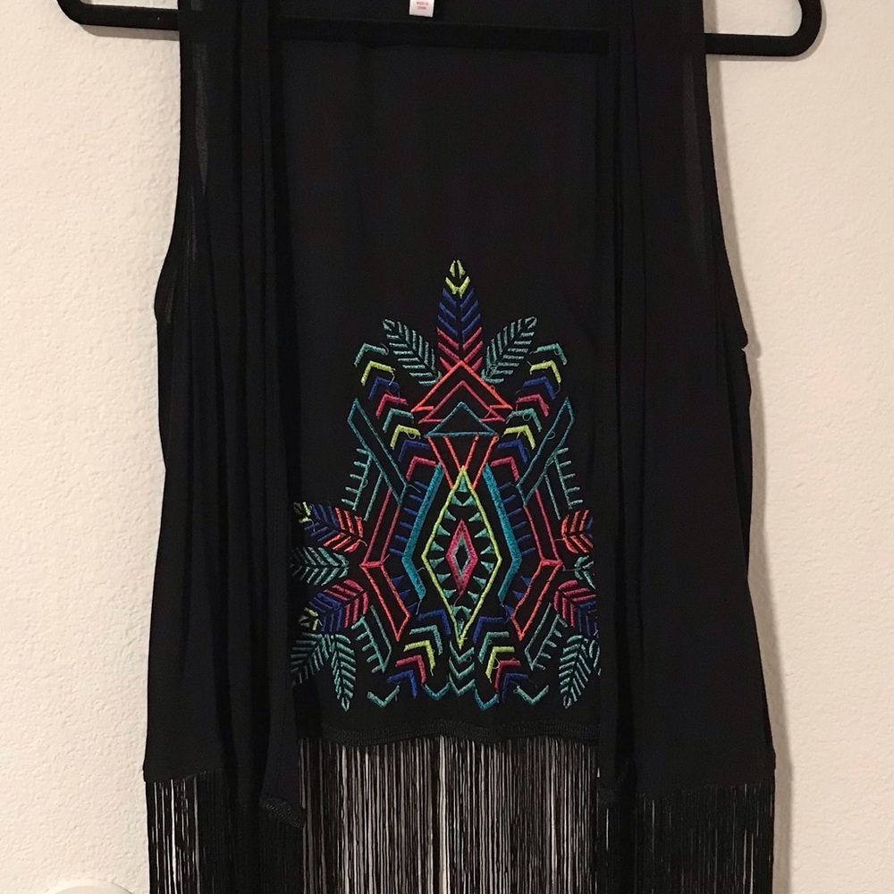 NWT Black Fringe Vest Top with Colorful Embroidery